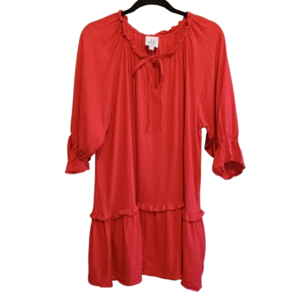 M Shopthemint Women’s Size M Red Linen Cotton Ruffle Peasant Tunic Dress Boho - Picture 4 of 13